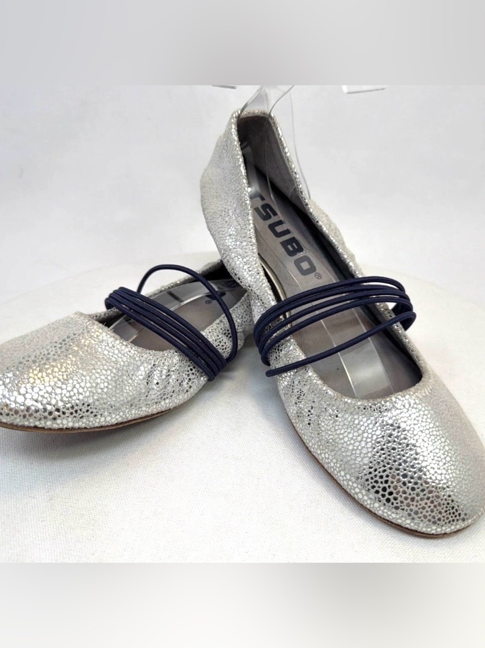 Tsubo Silver Metallic Ballet Flats with Navy Elastic Straps